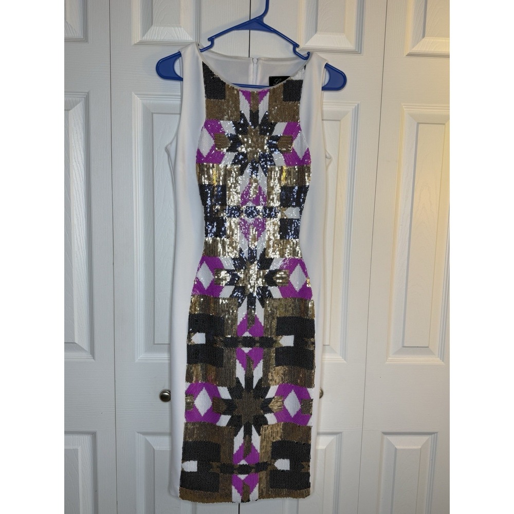 Frank Lyman Dress Sleeveless Bodycon Cocktail Sequins Starburst Geometric Sz 6